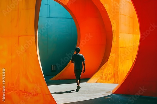 A man walking through a colorful tunnel photo