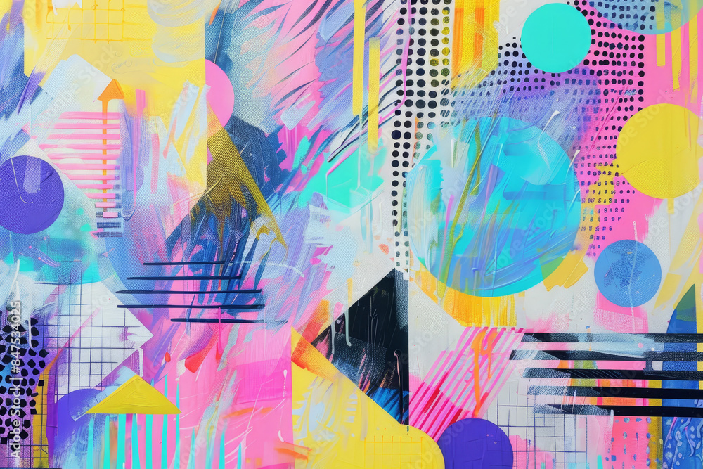 A colorful abstract painting with a lot of different shapes and colors A colorful abstract painting with a lot of different shapes and colors
