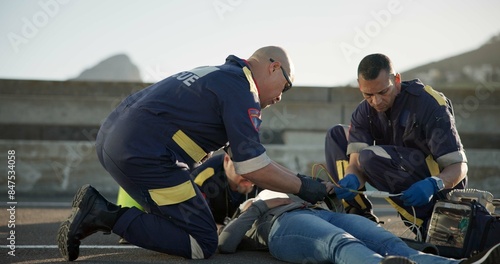 Paramedic, rescue and team with patient, outdoor and EKG to check heart, service and helping of person. EMS, accident and injury on street, healthcare and medical professional with victim in USA