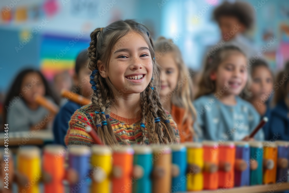 Little Girl Smiling in Colorful Dress During Preschool Music Class Little Girl Smiling in Colorful Dress During Preschool Music Class