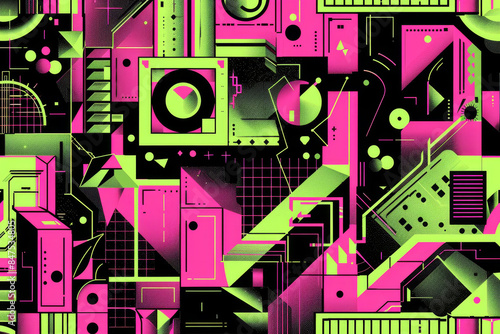 A colorful, abstract design with a green and pink background