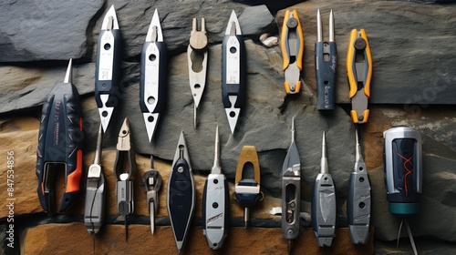 Slip Joint Pliers, Groove Pliers, Needle Nose Pliers And Linesman Pliers Laid Out Arranged On Size On A Stones Background photo