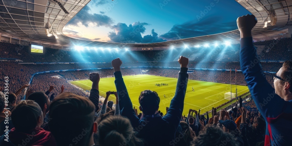Fototapeta premium A crowd of fans at a competition event in a stadium, with arms in the air, sharing the fun and entertainment of watching a soccer game. AIG41
