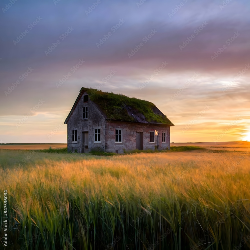 Abandoned damaged old house in a field Abandoned damaged old house in a field
