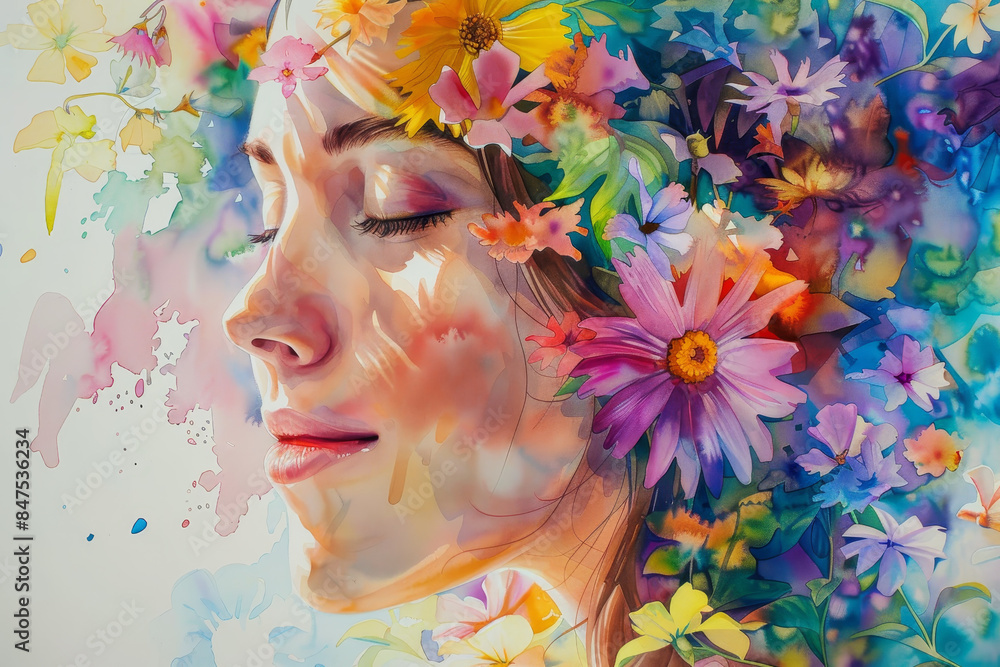 A woman's face is painted with flowers and leaves A woman's face is painted with flowers and leaves