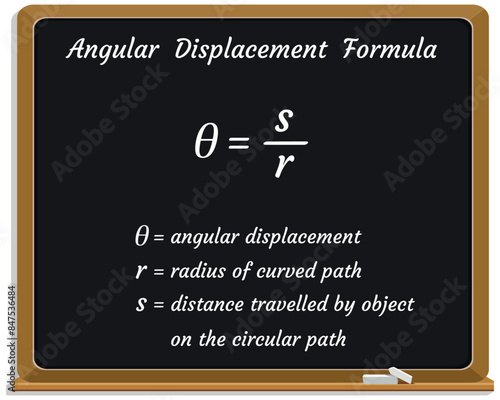 Angular Displacement Formula on a black chalkboard. Education. Science. Formula. Vector illustration.
