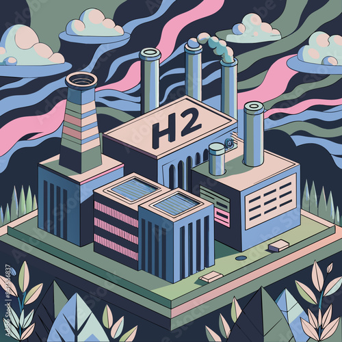 Green hydrogen H2 future energy factory power plant icon isometric isolated, AI Generative 
