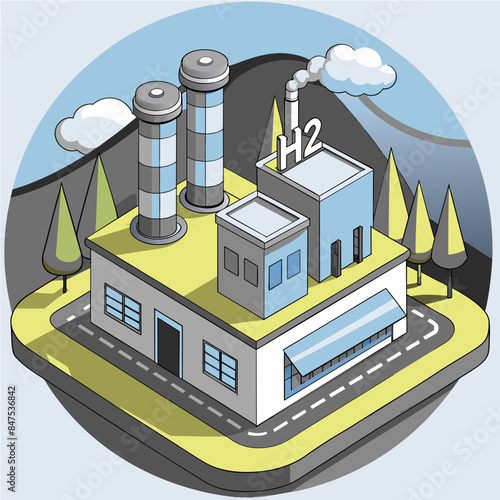 Green hydrogen H2 future energy factory power plant icon isometric isolated, AI Generative 
