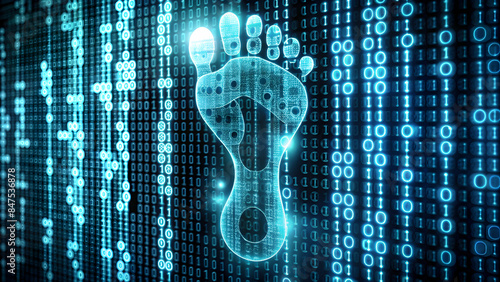 Cybersecurity digital footprints made of binary code, highlighting the importance of cybersecurity and protecting one's digital footprint from unauthorized access and exploitation
