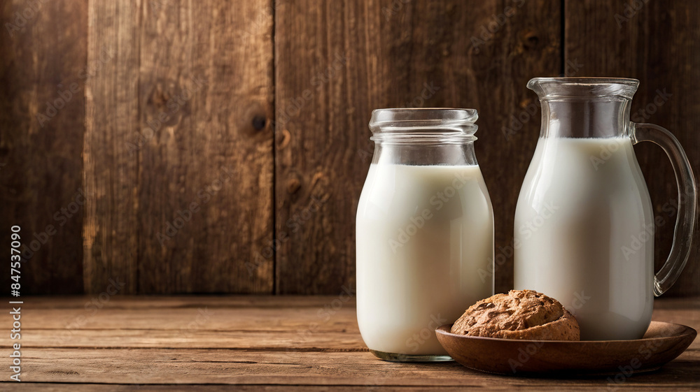 Glass of milk on a kitchen table, Milk bottle on a dark and wooden background, Design template for Poster, Web banner, Brochure, Card with copy space Glass of milk on a kitchen table, Milk bottle on a dark and wooden background, Design template for Poster, Web banner, Brochure, Card with copy space