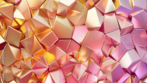A collection of geometric shapes in gold, pink, and orange hues with a reflective surface.
