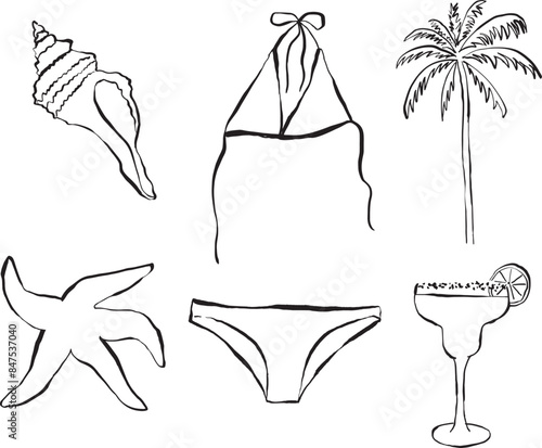 Ilustraciones de verano dibujadas a mano. Iconos para invitaciones, papelería, diseño. Clipart de vacaciones en la playa