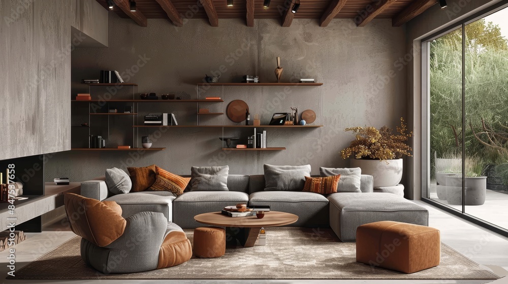 Stylish living room with raw brown wooden details, innovative edge floating shelves, combining coziness and contemporary interior design Stylish living room with raw brown wooden details, innovative edge floating shelves, combining coziness and contemporary interior design