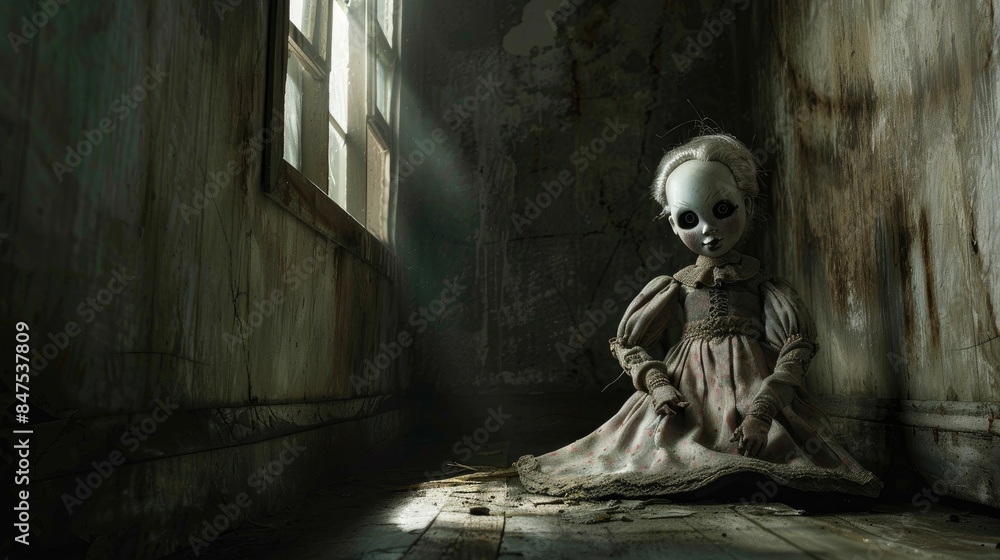 Haunted Doll Sitting in Abandoned Room with Broken Window Haunted Doll Sitting in Abandoned Room with Broken Window