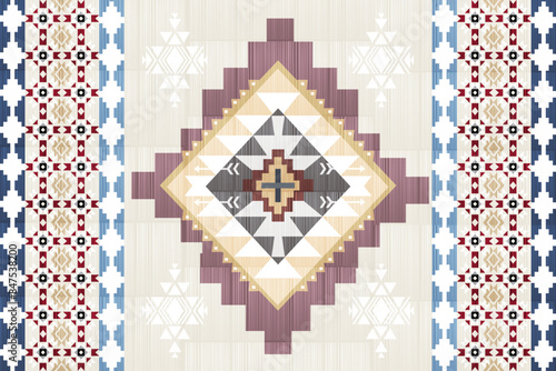 Ikat pattern geometric colorful ethnic traditional textile, Ikat rug woven handmade decor interior design Navajo  tribal vector seamless pattern. Native American ornament. Ethnic South Western decor s