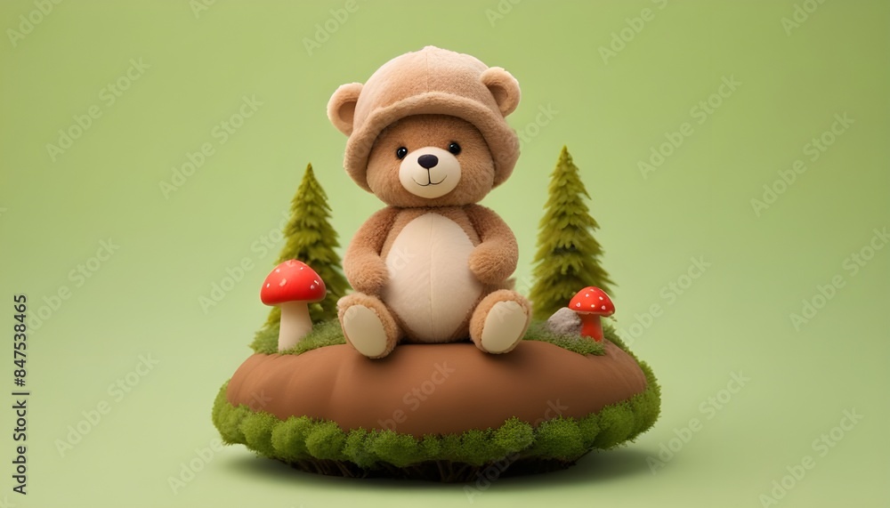 Fototapeta premium A cute brown teddy bear wearing a mushroom hat sitting on a grassy mound with pine trees in the background