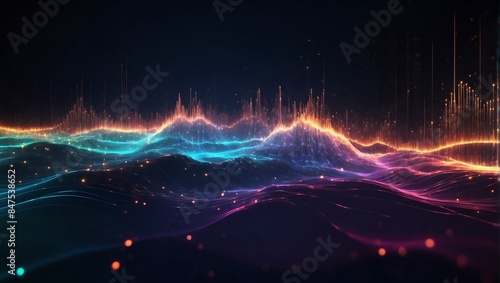 Abstract background with colorful glowing digital wave lines and dots. Neon sound waves or big data flow 