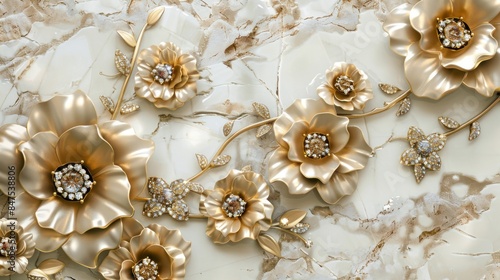3d floral gold flowers with diamonds wallpaper