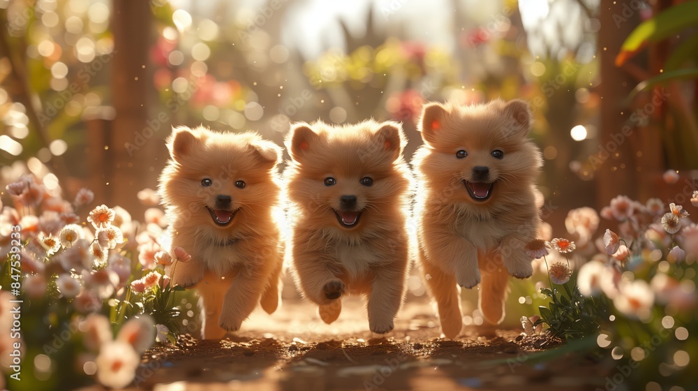 Three playful Pomeranian puppies Three playful Pomeranian puppies