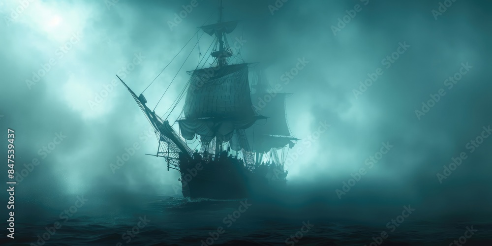 Mysterious Pirate Ship Emerging from Dense Fog in Nighttime Sea Mysterious Pirate Ship Emerging from Dense Fog in Nighttime Sea