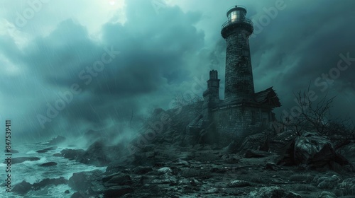 Old Lighthouse on Rocky Shore in Foggy Weather
