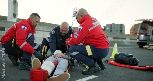 Photos People, paramedic and help patient in road on scene for emergency, rescue and support