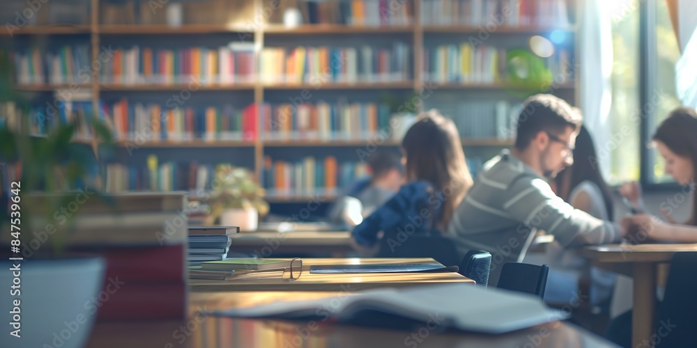 School Library Study Session Focused blurred background image of students studying and reading books in a quiet school library. School Library Study Session Focused blurred background image of students studying and reading books in a quiet school library.