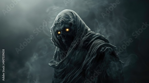 Terrifying Ghost with Glowing Eyes in Dark Misty Setting