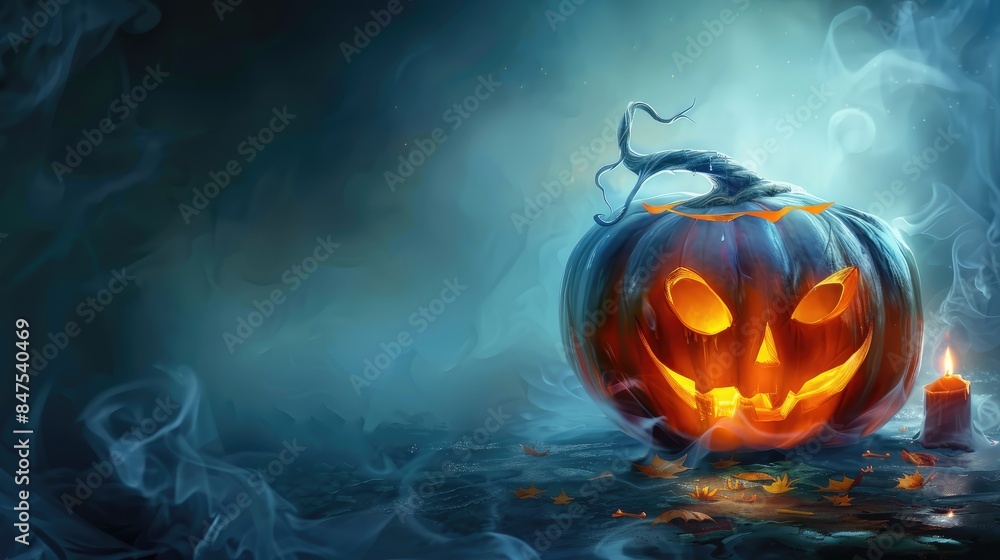 Naklejka premium Glowing Jack-o'-Lantern in misty, eerie environment