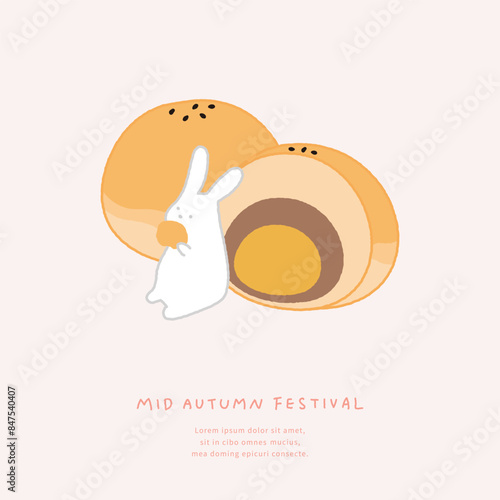 Illustration of mid-autumn festival with rabbit and egg yolk pastries.
