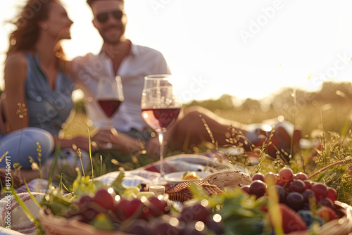 Couple on a picnic date in a countryside meadow, enjoying wine tasting photo