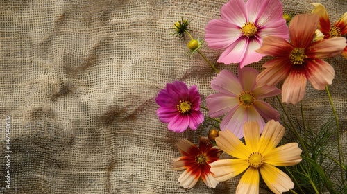 Vintage background with cosmos flowers on sack cloth texture photo