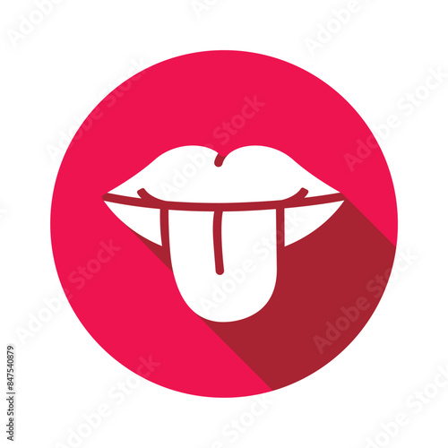 Tongue icon design, mouth tongue out vector illustration, sense of taste, circle icon flat design with long shadow
