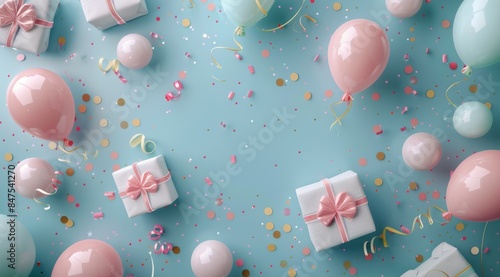 Pink and Blue Balloons and Confetti Scattered on a Light Blue Background