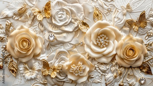 3D floral pattern with gold roses and butterflie