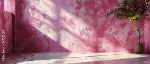 Pink Wall With Palm Tree in Pot and Sunbeams in Empty Room photo