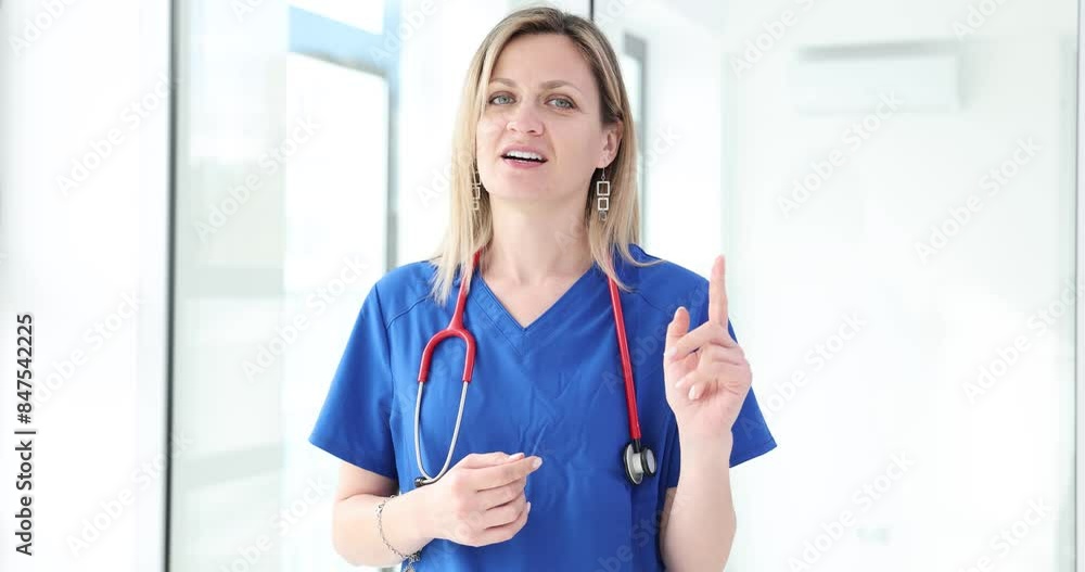 Woman with stethoscope on neck explains patient treatment plan Woman with stethoscope on neck explains patient treatment plan