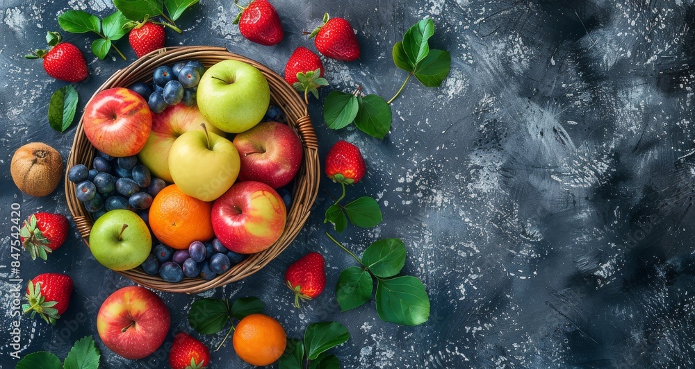 Fresh Red Apples and Strawberries in Wicker Basket on Blue Background Fresh Red Apples and Strawberries in Wicker Basket on Blue Background