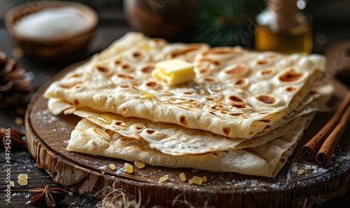 Lefse, soft Norwegian flatbread, served with butter and cinnamon sugar, on a wooden board photo