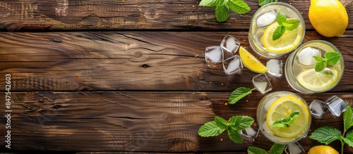 Top view of lemonade glasses with lemon, mint, and ice on a wooden table, providing ample space for text. photo