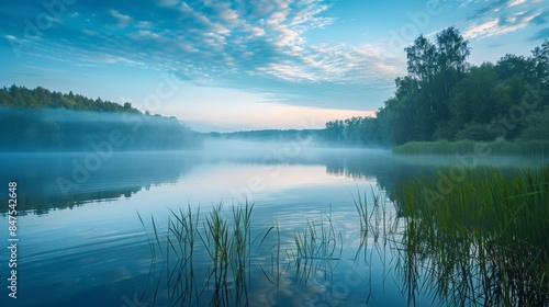 Serene landscape at dawn with a calm lake, morning mist hanging ethereally over the water, creating a peaceful scene