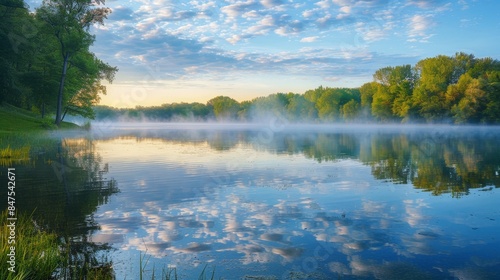 Serene landscape at dawn with a calm lake, morning mist hanging ethereally over the water, creating a peaceful scene