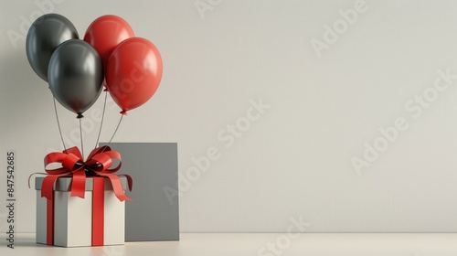 Fototapeta Naklejka Na Ścianę i Meble -  Gift box parcels happy birthday with red ribbons and red balloons on a gray wall background.