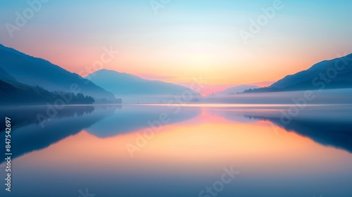 Wallpaper Mural Serene landscape at dawn with a calm lake, morning mist hanging ethereally over the water, creating a peaceful scene Torontodigital.ca