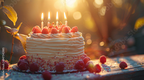 Birthday cake on sunlit background. Happy Birthday concept. Generative AI