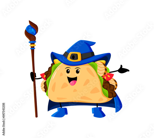 Cartoon Halloween tacos fast food mage, wizard and witch character. Happy vector mexican meal necromancer with magic staff, funny magician in hat casting spell. Funny tex mex snack sorcerer personage