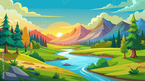 beautiful summer landscape small river green mea vector illustration