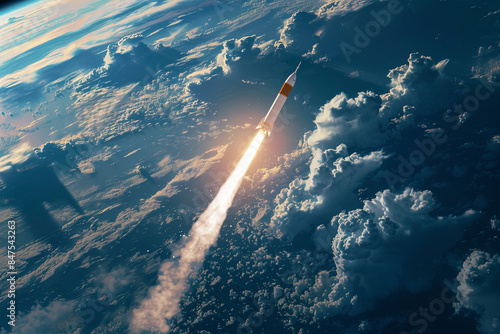 Rocket blasting off into space, leaving behind the cloud-covered Earth