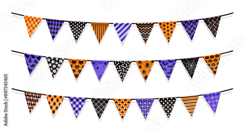Halloween holiday garland pennant flags. October party or event decorations, Happy Halloween party vector garland scary flags with spider, skull, pumpkin and cobweb, ghost, bat geometric patterns