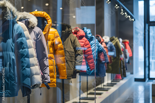 Stylish interior of modern clothes store, Mannequins Dressed In Men male Casual Clothes And coat jackets Clothes In Store Of Shopping Center. Stack clothes In Store Of Shopping Center. shelf display photo